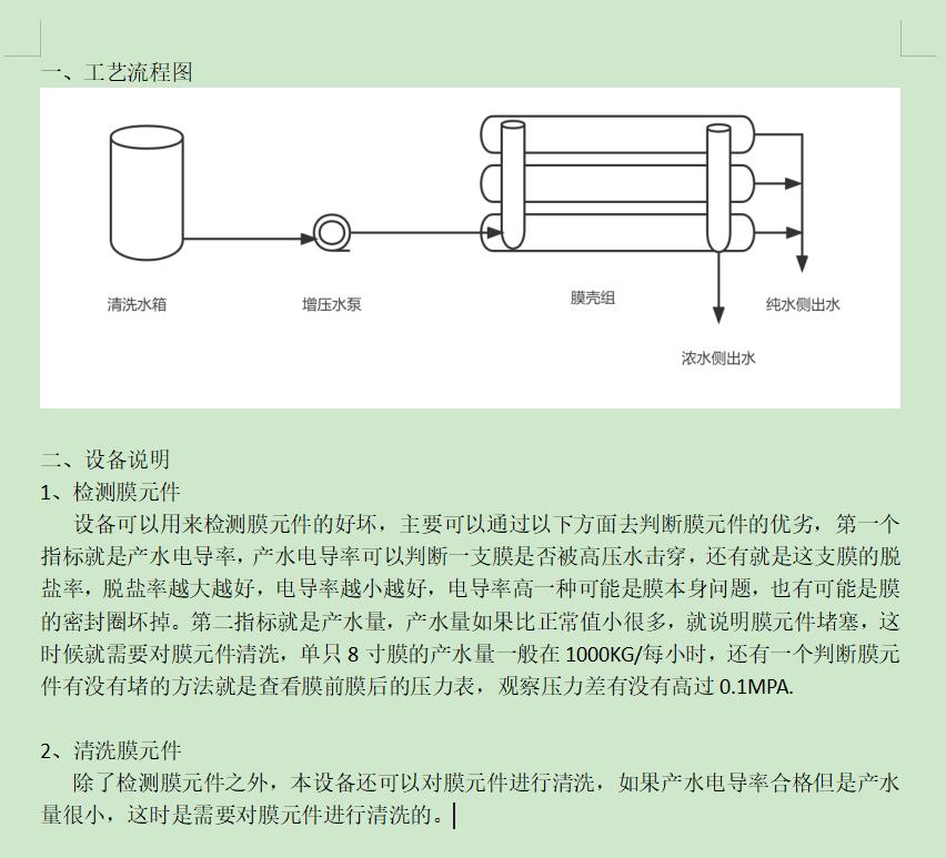 朝阳ro洗膜机工艺流程图及工艺说明